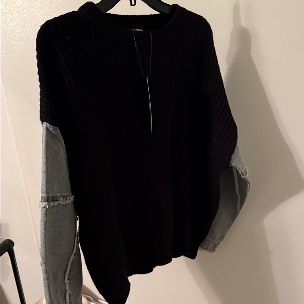Fashion Nova Black Sweater with Denim Sleeves